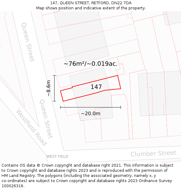 147, QUEEN STREET, RETFORD, DN22 7DA: Plot and title map