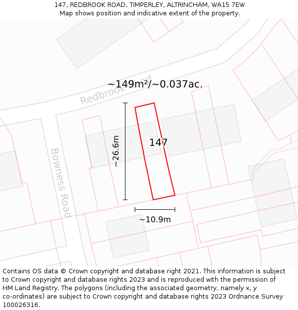 147, REDBROOK ROAD, TIMPERLEY, ALTRINCHAM, WA15 7EW: Plot and title map