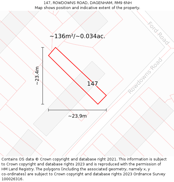 147, ROWDOWNS ROAD, DAGENHAM, RM9 6NH: Plot and title map