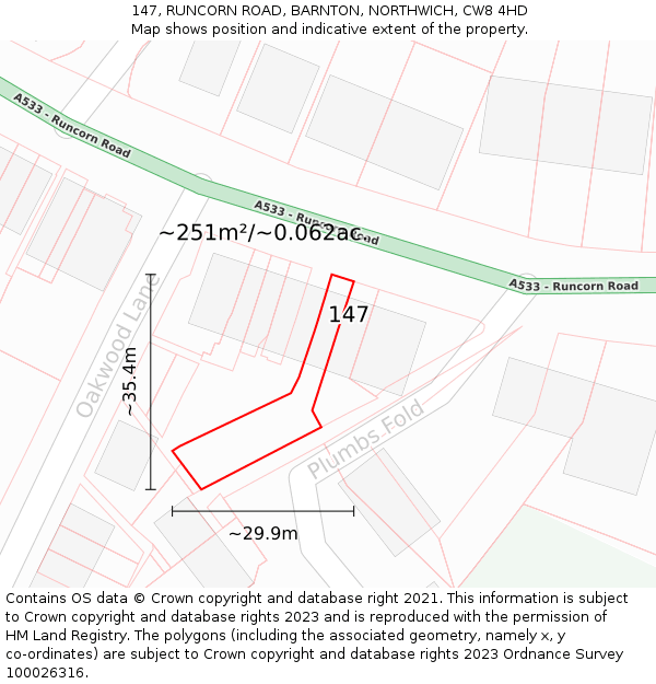 147, RUNCORN ROAD, BARNTON, NORTHWICH, CW8 4HD: Plot and title map
