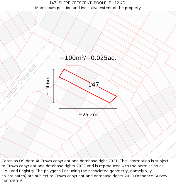 147, SLEPE CRESCENT, POOLE, BH12 4DL: Plot and title map