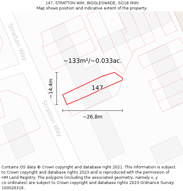 147, STRATTON WAY, BIGGLESWADE, SG18 0NN: Plot and title map