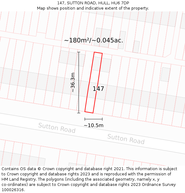 147, SUTTON ROAD, HULL, HU6 7DP: Plot and title map
