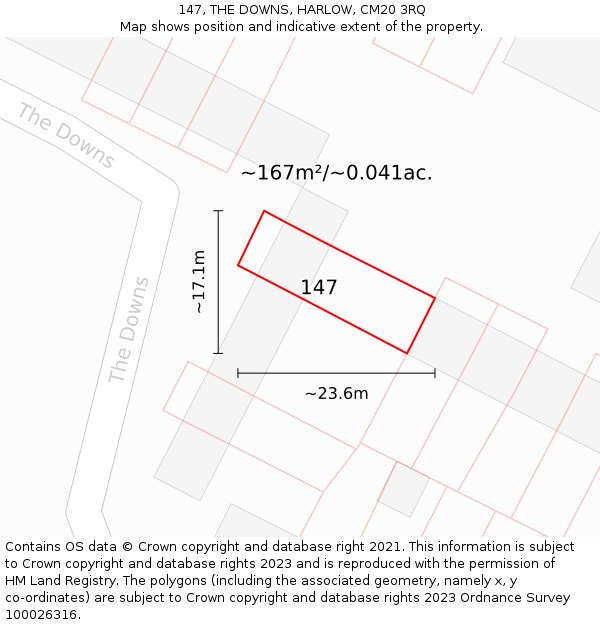 147, THE DOWNS, HARLOW, CM20 3RQ: Plot and title map