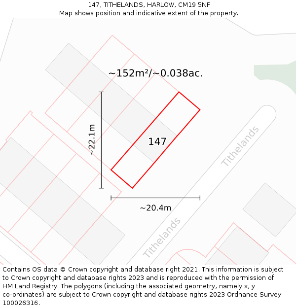 147, TITHELANDS, HARLOW, CM19 5NF: Plot and title map