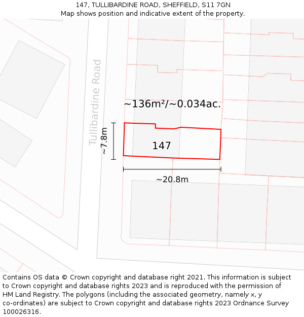 147, TULLIBARDINE ROAD, SHEFFIELD, S11 7GN: Plot and title map