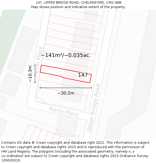 147, UPPER BRIDGE ROAD, CHELMSFORD, CM2 0BB: Plot and title map
