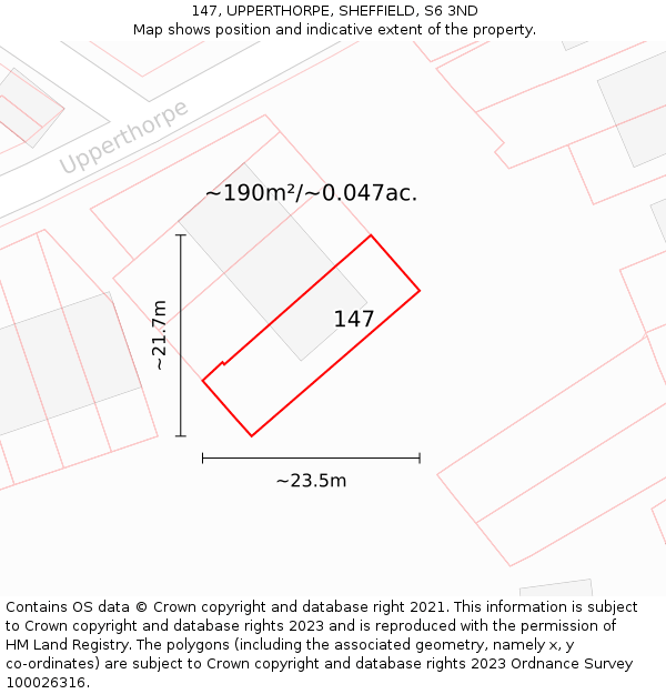 147, UPPERTHORPE, SHEFFIELD, S6 3ND: Plot and title map