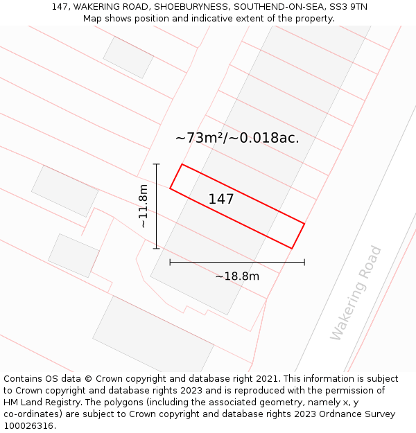 147, WAKERING ROAD, SHOEBURYNESS, SOUTHEND-ON-SEA, SS3 9TN: Plot and title map