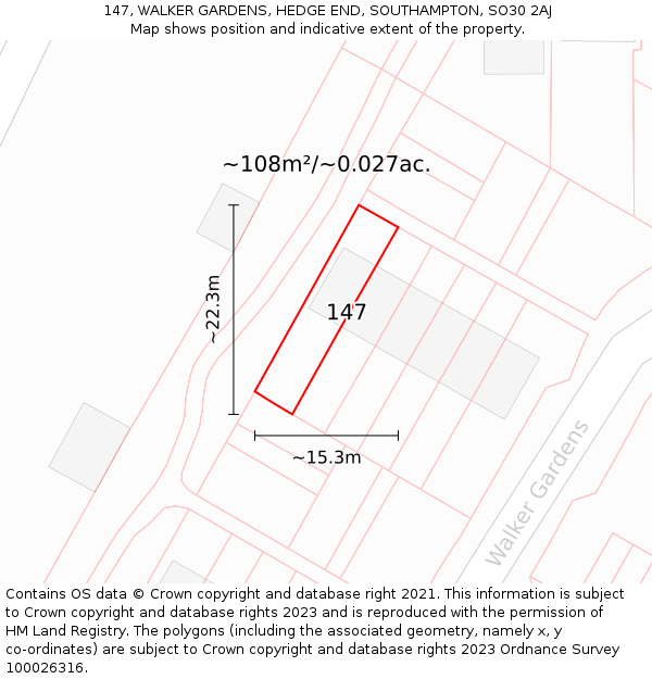147, WALKER GARDENS, HEDGE END, SOUTHAMPTON, SO30 2AJ: Plot and title map