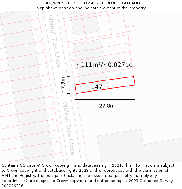 147, WALNUT TREE CLOSE, GUILDFORD, GU1 4UB: Plot and title map