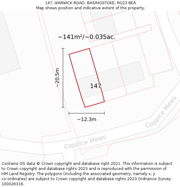 147, WARWICK ROAD, BASINGSTOKE, RG23 8EA: Plot and title map