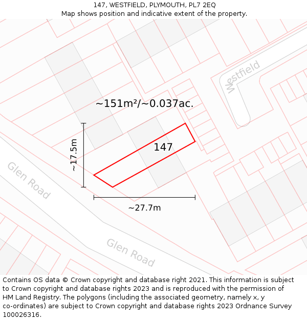 147, WESTFIELD, PLYMOUTH, PL7 2EQ: Plot and title map