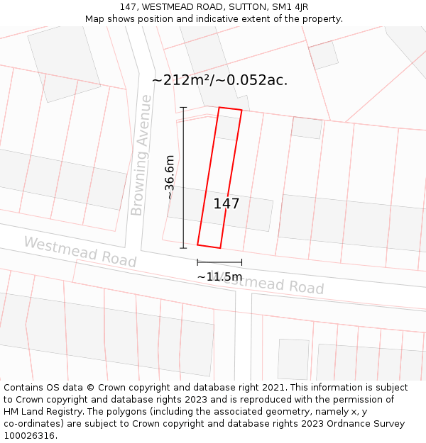 147, WESTMEAD ROAD, SUTTON, SM1 4JR: Plot and title map