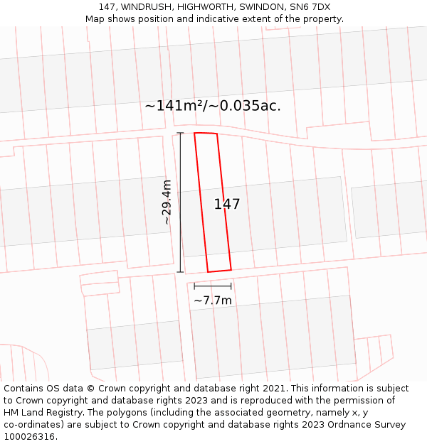 147, WINDRUSH, HIGHWORTH, SWINDON, SN6 7DX: Plot and title map