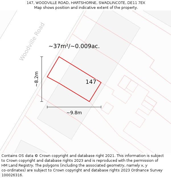 147, WOODVILLE ROAD, HARTSHORNE, SWADLINCOTE, DE11 7EX: Plot and title map