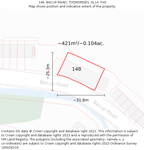 148, BACUP ROAD, TODMORDEN, OL14 7HG: Plot and title map