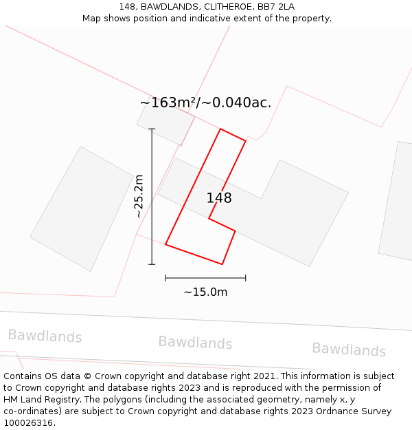 148, BAWDLANDS, CLITHEROE, BB7 2LA: Plot and title map