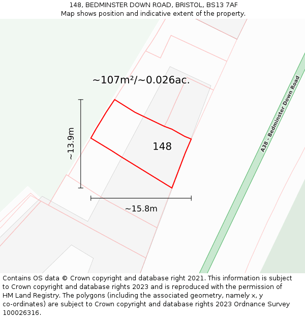 148, BEDMINSTER DOWN ROAD, BRISTOL, BS13 7AF: Plot and title map