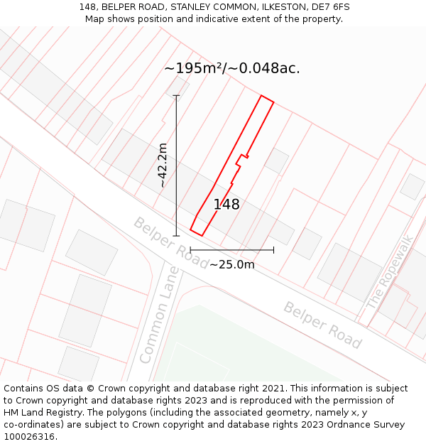 148, BELPER ROAD, STANLEY COMMON, ILKESTON, DE7 6FS: Plot and title map