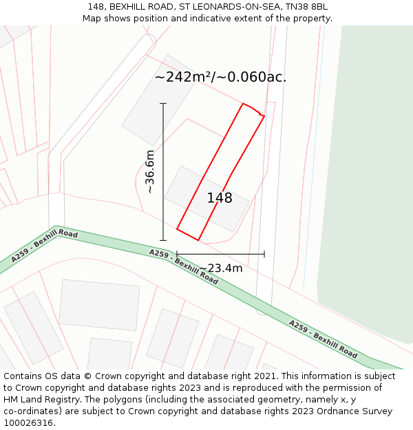 148, BEXHILL ROAD, ST LEONARDS-ON-SEA, TN38 8BL: Plot and title map