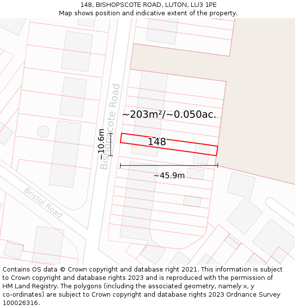 148, BISHOPSCOTE ROAD, LUTON, LU3 1PE: Plot and title map