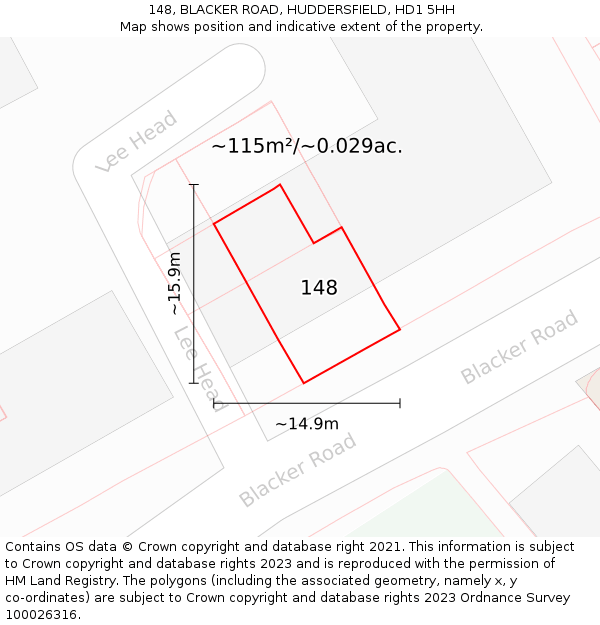 148, BLACKER ROAD, HUDDERSFIELD, HD1 5HH: Plot and title map