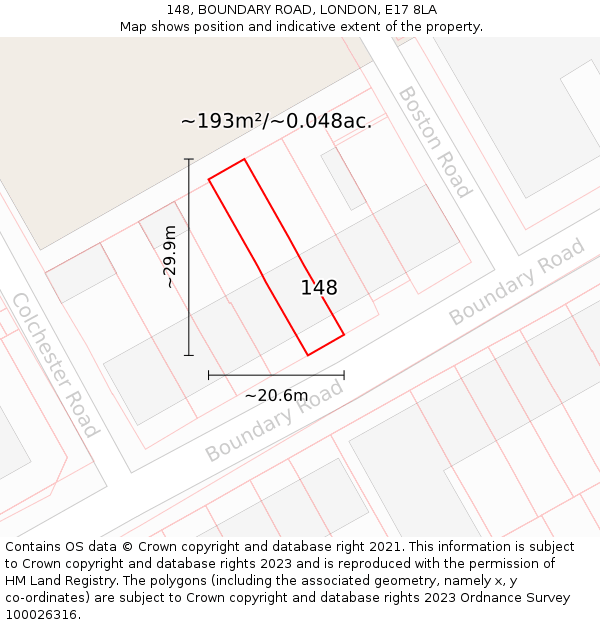 148, BOUNDARY ROAD, LONDON, E17 8LA: Plot and title map
