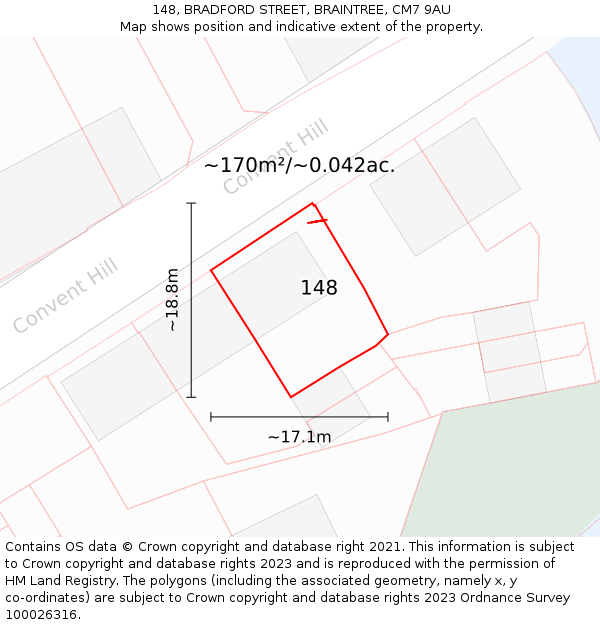 148, BRADFORD STREET, BRAINTREE, CM7 9AU: Plot and title map