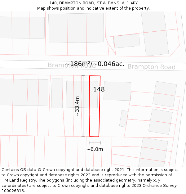 148, BRAMPTON ROAD, ST ALBANS, AL1 4PY: Plot and title map