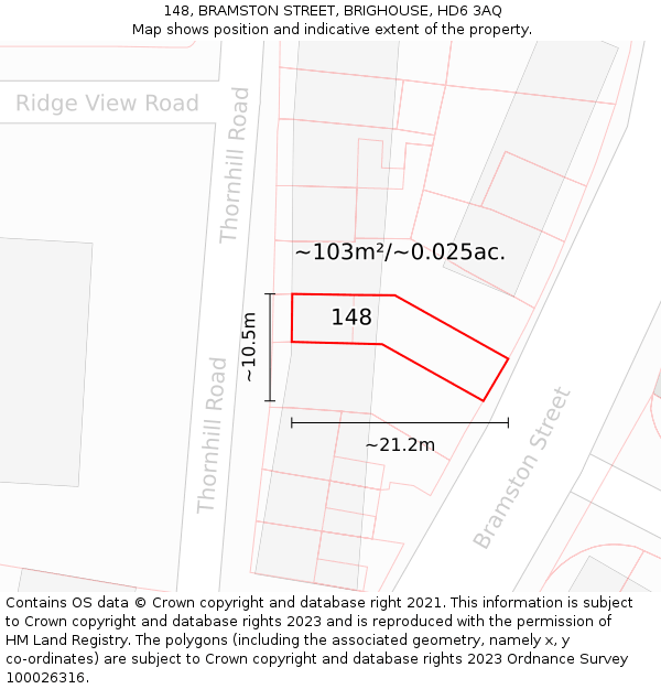 148, BRAMSTON STREET, BRIGHOUSE, HD6 3AQ: Plot and title map