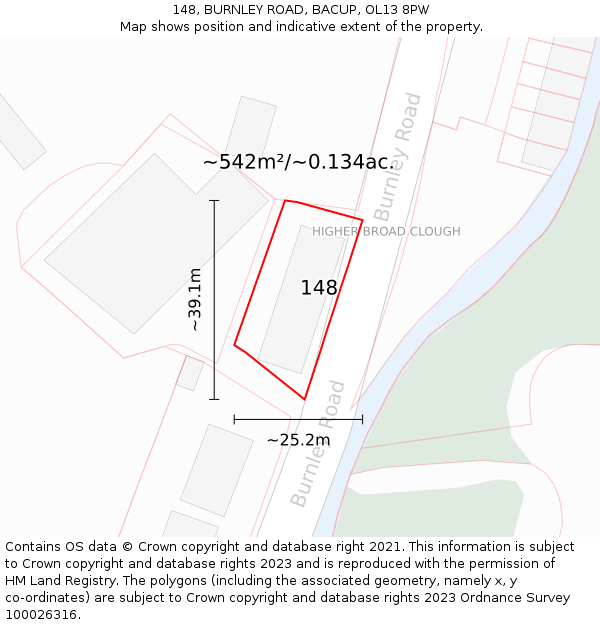 148, BURNLEY ROAD, BACUP, OL13 8PW: Plot and title map