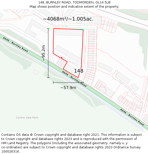 148, BURNLEY ROAD, TODMORDEN, OL14 5LB: Plot and title map