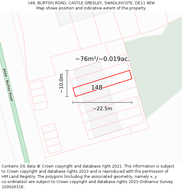148, BURTON ROAD, CASTLE GRESLEY, SWADLINCOTE, DE11 9EW: Plot and title map