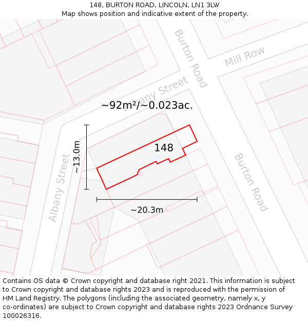 148, BURTON ROAD, LINCOLN, LN1 3LW: Plot and title map