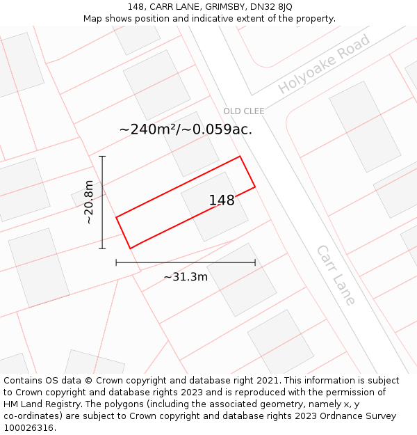 148, CARR LANE, GRIMSBY, DN32 8JQ: Plot and title map