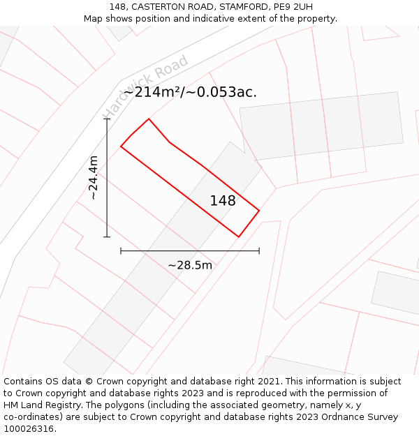 148, CASTERTON ROAD, STAMFORD, PE9 2UH: Plot and title map