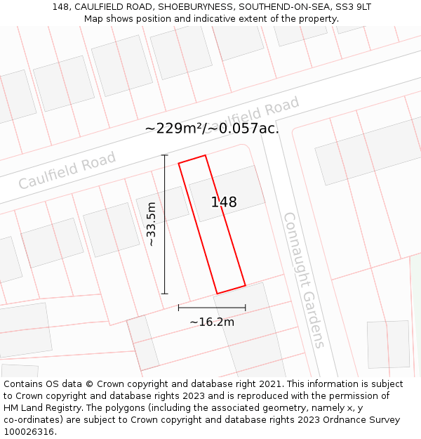 148, CAULFIELD ROAD, SHOEBURYNESS, SOUTHEND-ON-SEA, SS3 9LT: Plot and title map