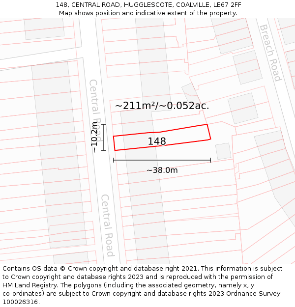 148, CENTRAL ROAD, HUGGLESCOTE, COALVILLE, LE67 2FF: Plot and title map