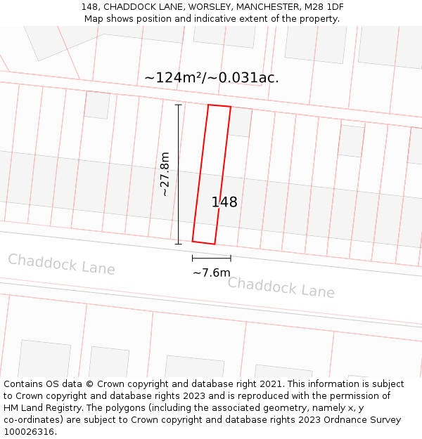 148, CHADDOCK LANE, WORSLEY, MANCHESTER, M28 1DF: Plot and title map