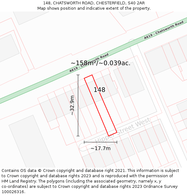 148, CHATSWORTH ROAD, CHESTERFIELD, S40 2AR: Plot and title map