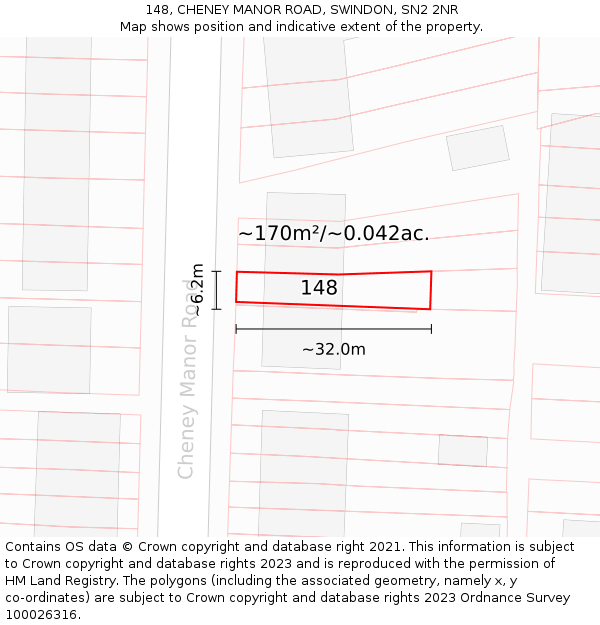 148, CHENEY MANOR ROAD, SWINDON, SN2 2NR: Plot and title map