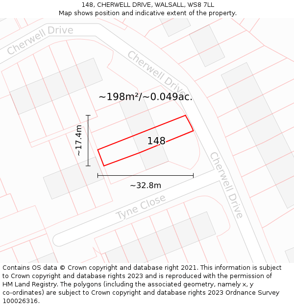 148, CHERWELL DRIVE, WALSALL, WS8 7LL: Plot and title map