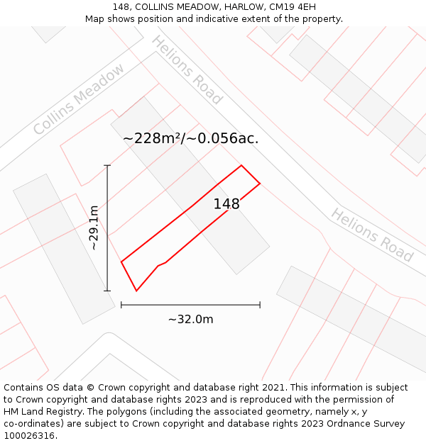 148, COLLINS MEADOW, HARLOW, CM19 4EH: Plot and title map