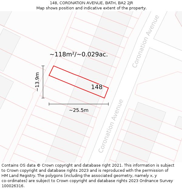 148, CORONATION AVENUE, BATH, BA2 2JR: Plot and title map