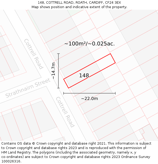 148, COTTRELL ROAD, ROATH, CARDIFF, CF24 3EX: Plot and title map