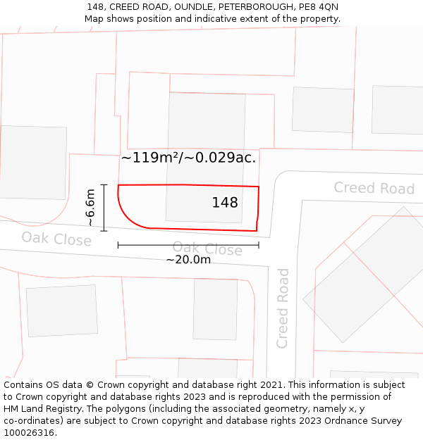 148, CREED ROAD, OUNDLE, PETERBOROUGH, PE8 4QN: Plot and title map
