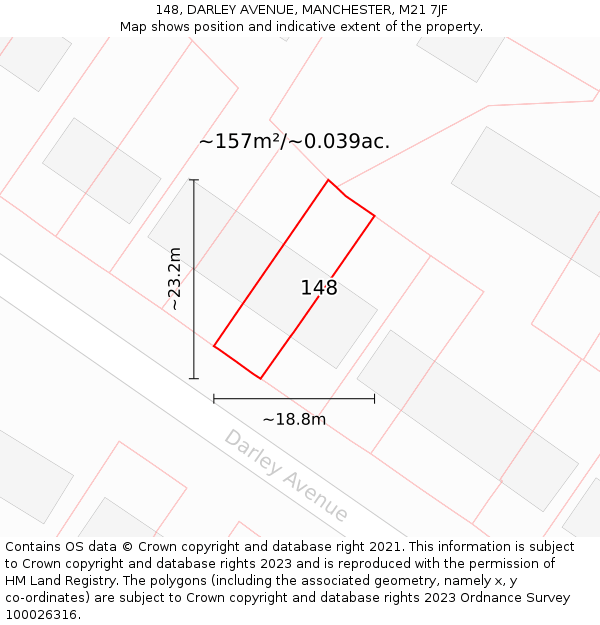 148, DARLEY AVENUE, MANCHESTER, M21 7JF: Plot and title map