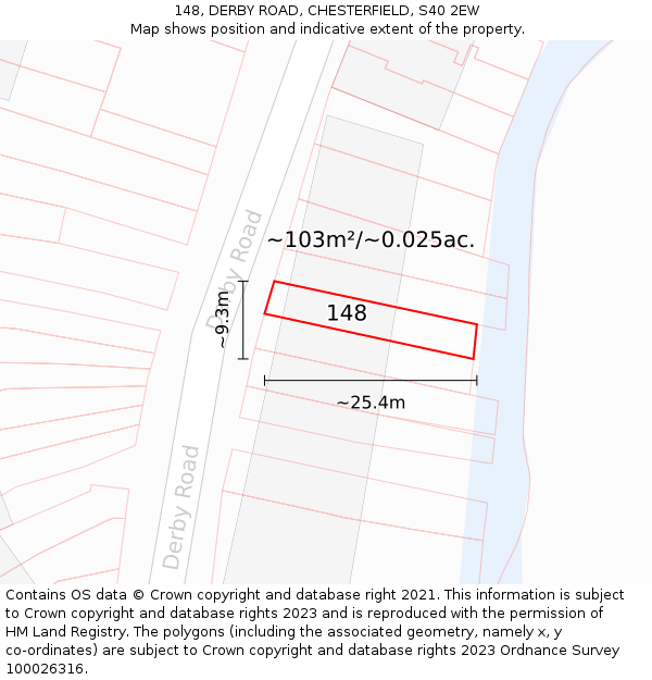 148, DERBY ROAD, CHESTERFIELD, S40 2EW: Plot and title map