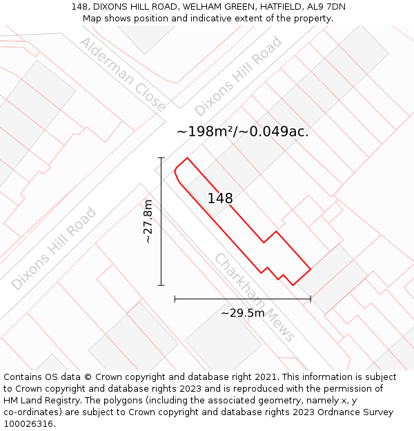 148, DIXONS HILL ROAD, WELHAM GREEN, HATFIELD, AL9 7DN: Plot and title map